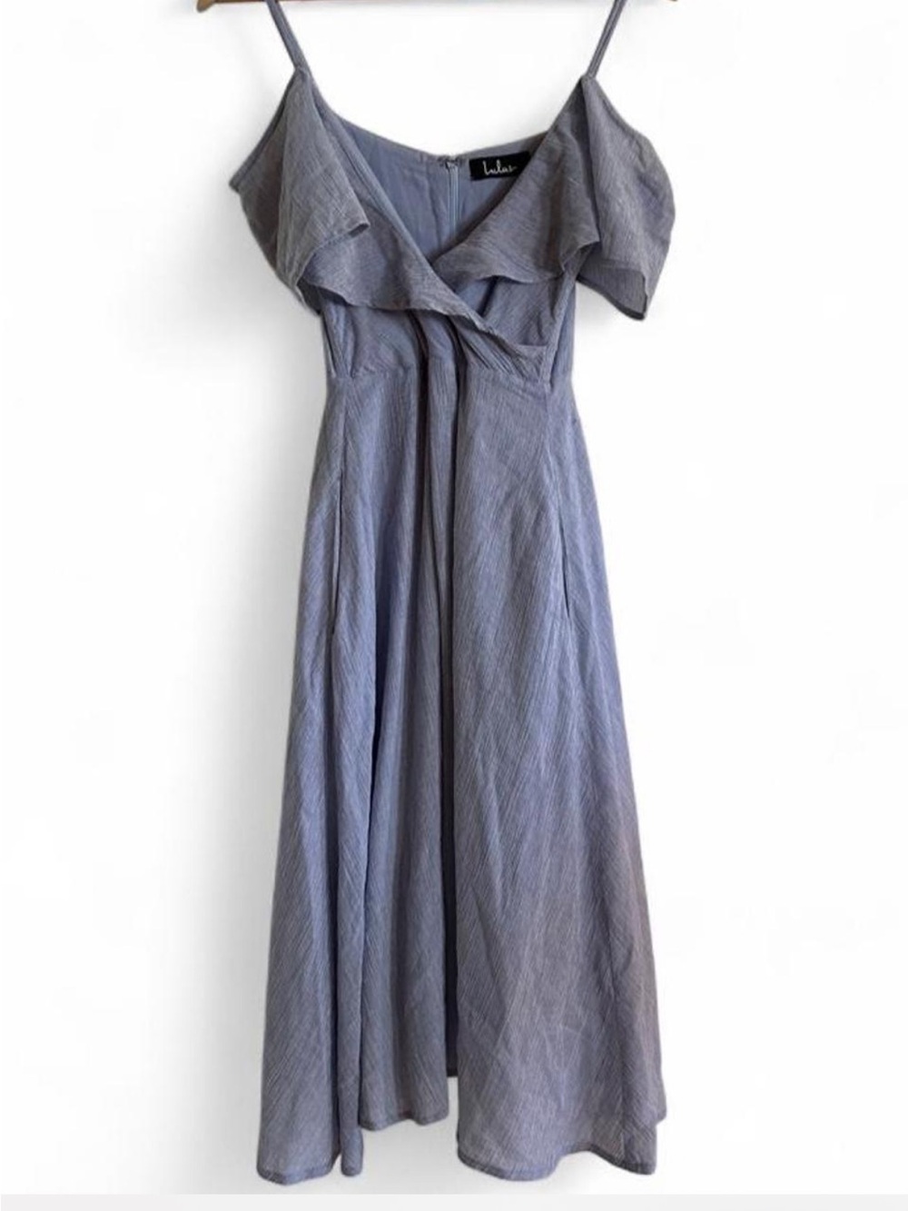 Lulus 100% Linen Blue Pinstripe Off Shoulder Midi Dress Fully Lined - Picture 2 of 8